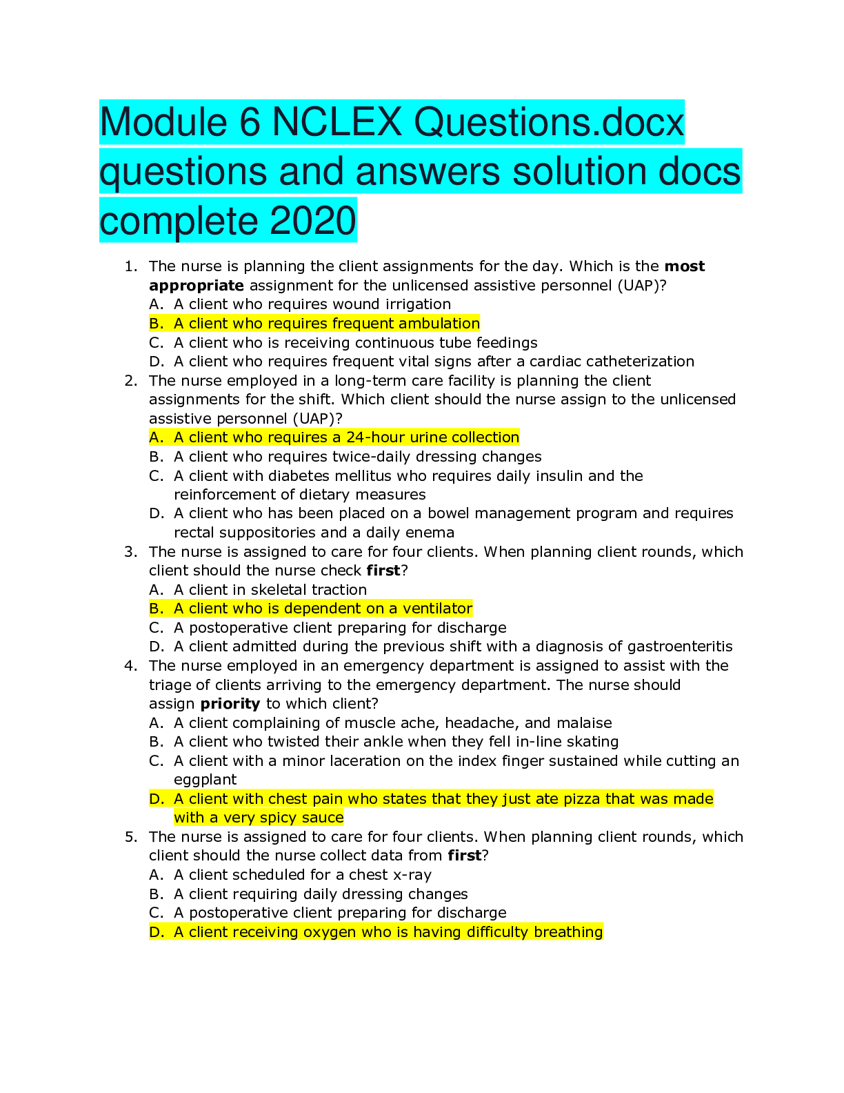Preview image of Module 6 NCLEX Questions.docx questions and answers solution docs complete 2020 document
